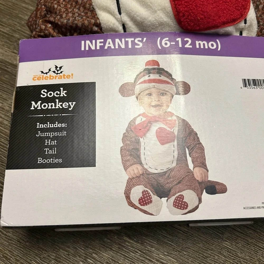 Infant Sock Monkey Halloween Costume 6-12 Months Jumpsuit Hat Tail No Booties